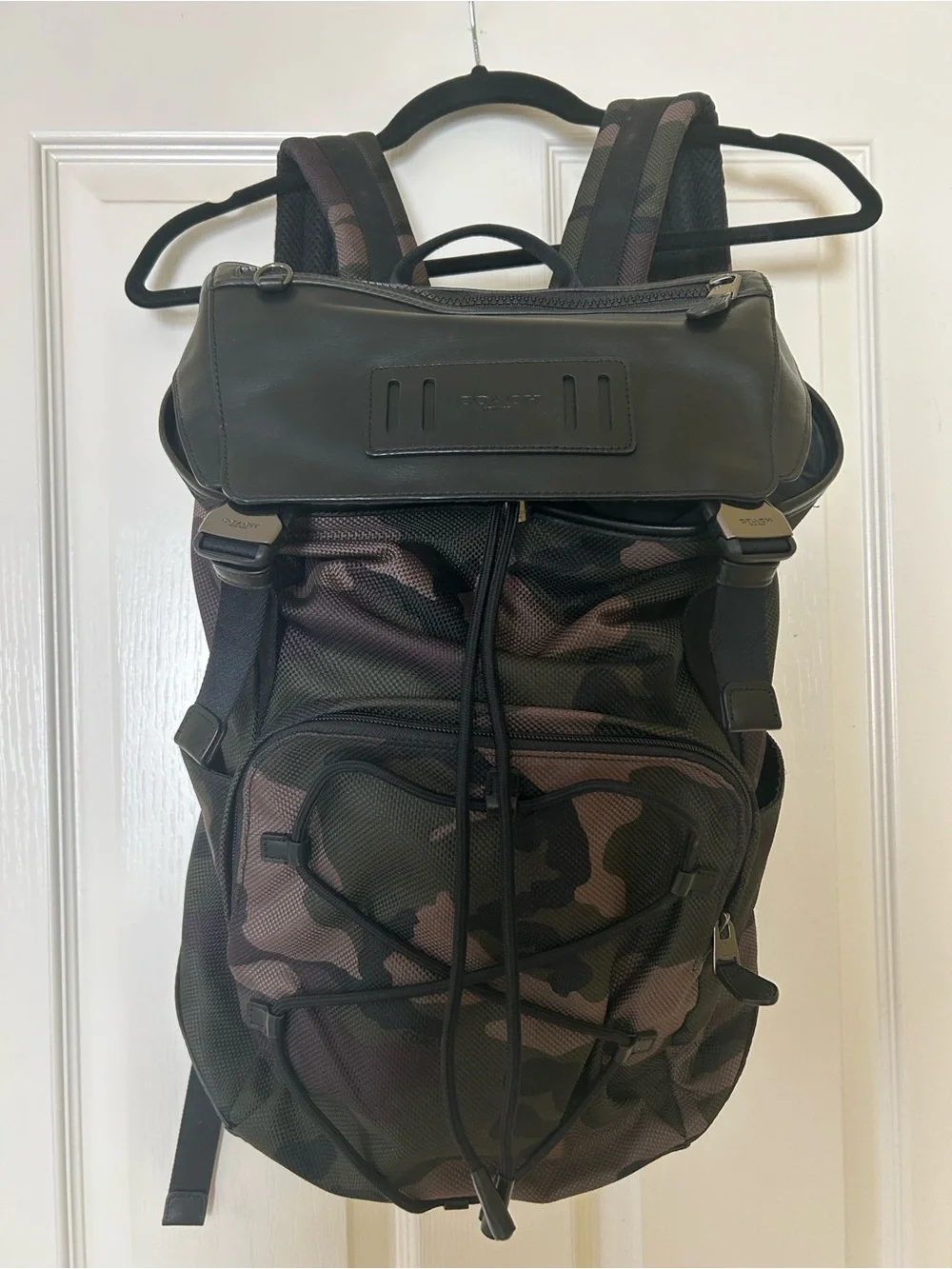 Coach Camouflage Drawstring Backpack w/ leather accents Black, Brown, Green